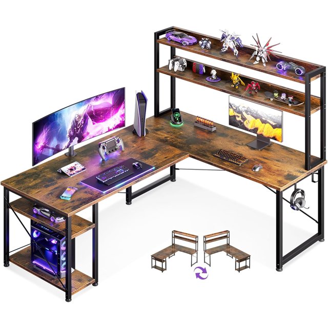 L Shaped Gaming Desk with Hutch & 2 Power Outlets & 2 LED Strips