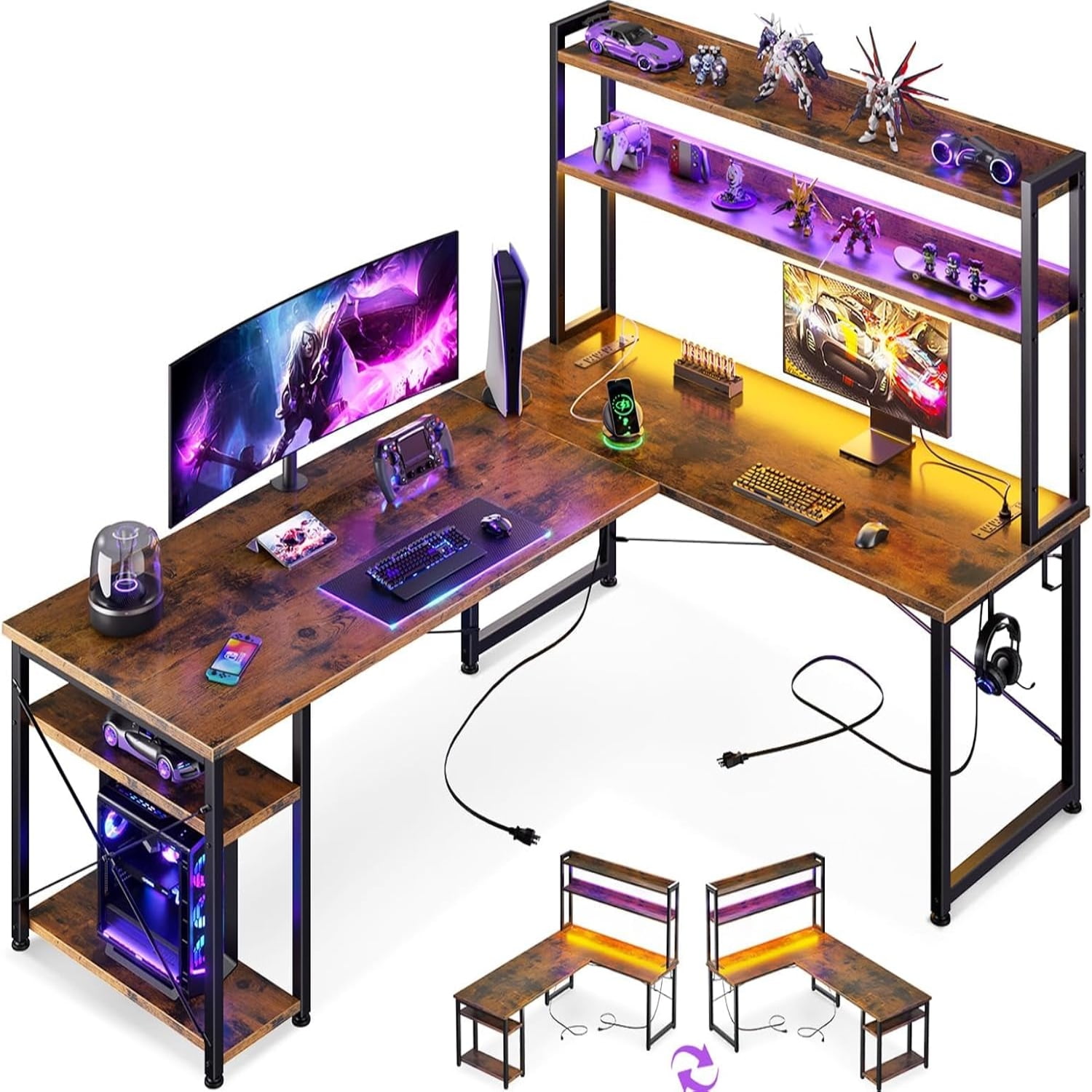 L Shaped Gaming Desk with Hutch & Power Outlets & LED Strip & Monitor