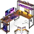 L Shaped Gaming Desk with Hutch & Power Outlets & LED Strip & Monitor