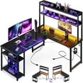 L Shaped Gaming Desk with Hutch & Power Outlets & LED Strip & Monitor