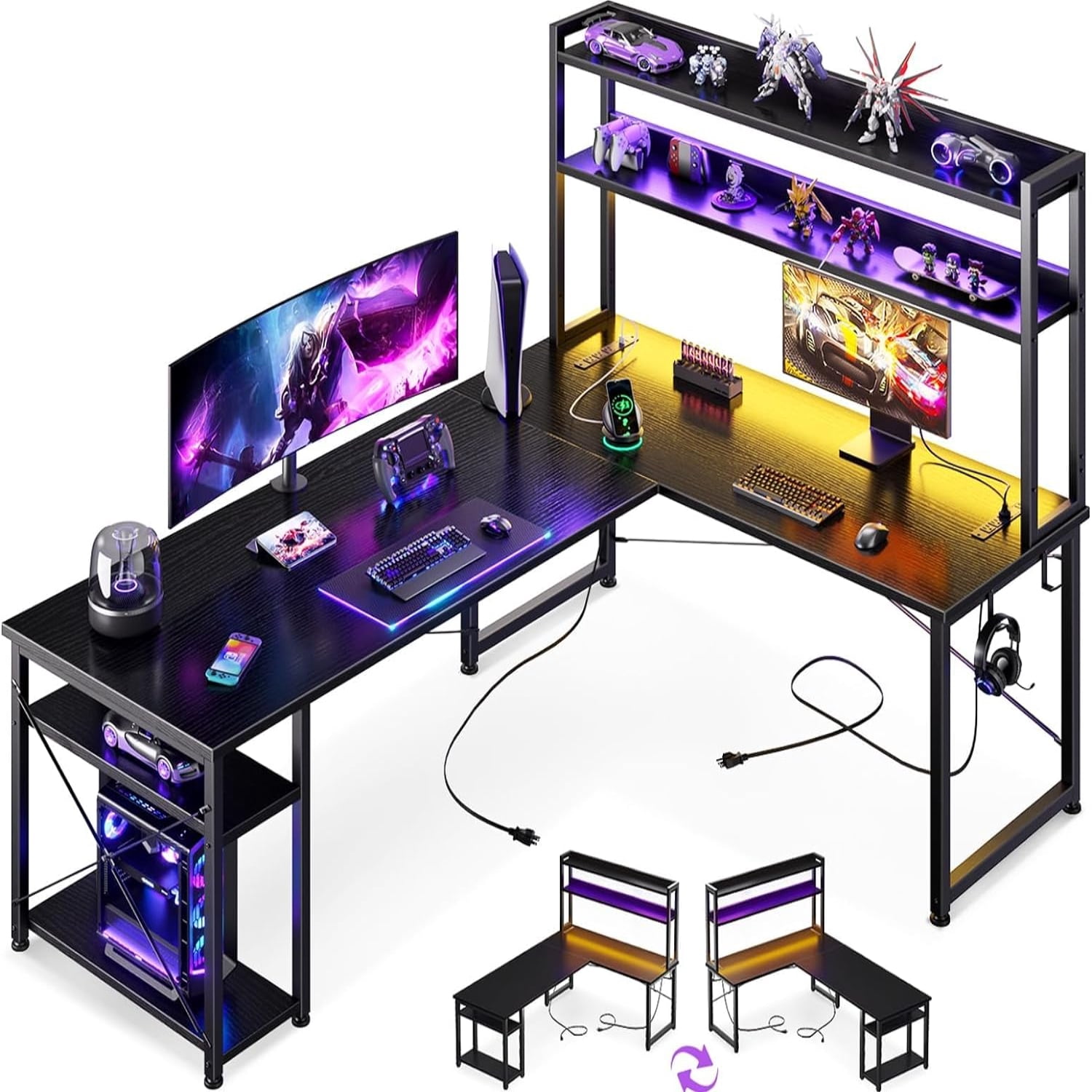 L Shaped Gaming Desk with Hutch & Power Outlets & LED Strip & Monitor ...