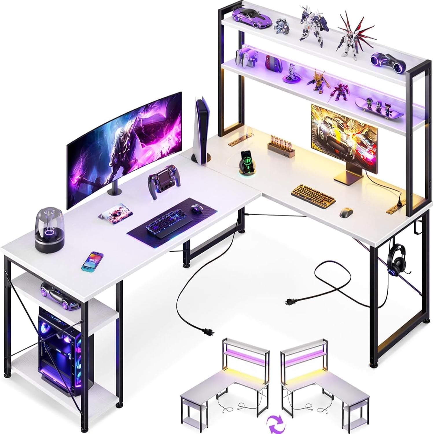 L Shaped Gaming Desk with Hutch & Power Outlets & LED Strip & Monitor
