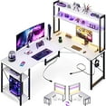 L Shaped Gaming Desk with Hutch & Power Outlets & LED Strip & Monitor