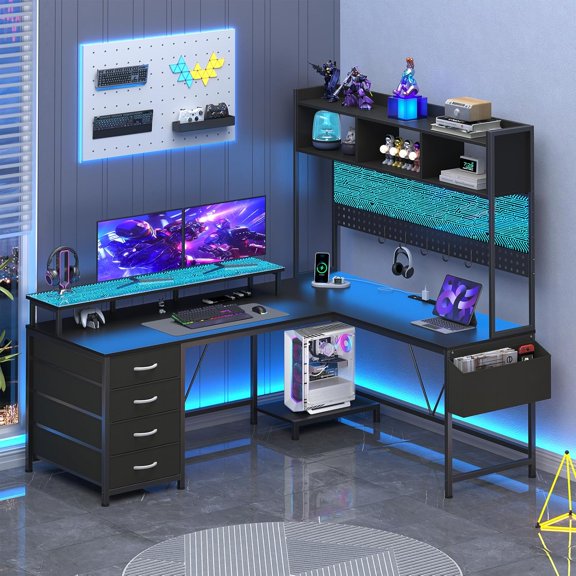 L Shaped Gaming Desk with LED Lights Panel and Power Outlets, L Shaped Computer Desk with Hutch and Drawers, Corner Gaming Desk with Pegboard, Monitor Stand, Black