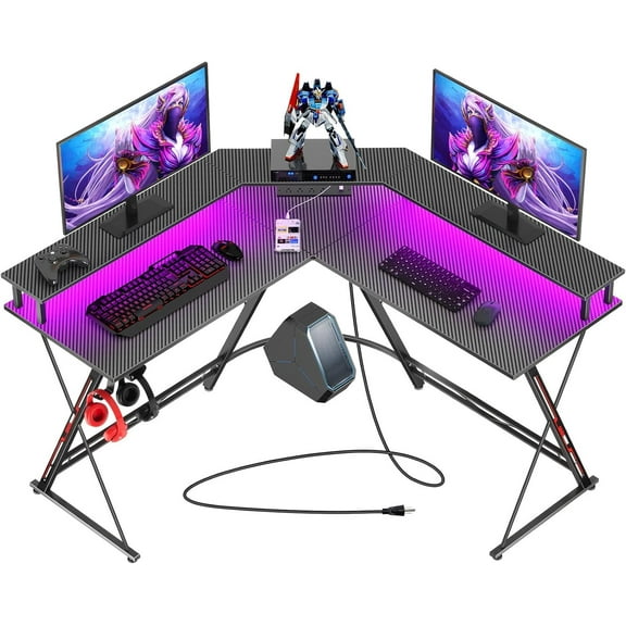 L Shaped Gaming Desk with LED Lights & Power Outlets, 50.4 Computer Desk with Monitor Stand, Corner Desk with Carbon Fiber Surface, Gaming Table with Hooks, Black