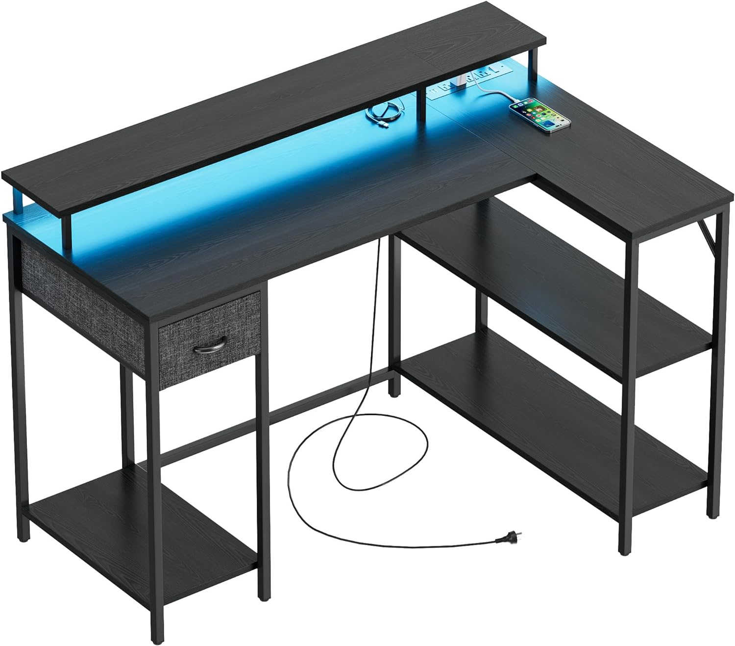 L Shaped Gaming Desk with LED Lights & Power Outlets, Reversible