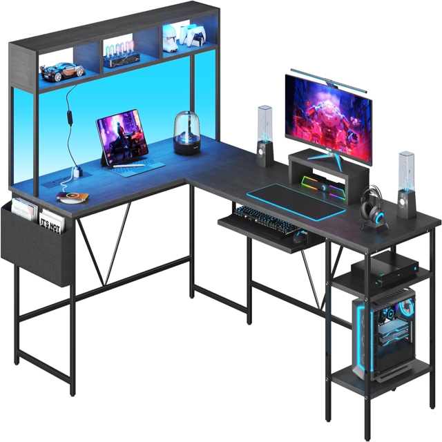 L Shaped Gaming Desk with LED Lights&Power Outlet Reversible Corner