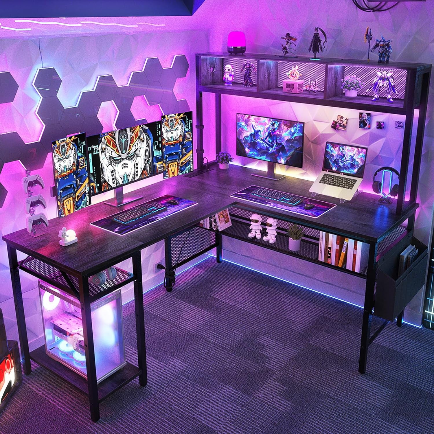 L Shaped Gaming Desk with LED Lights & Power Outlets 55 Inch LShaped