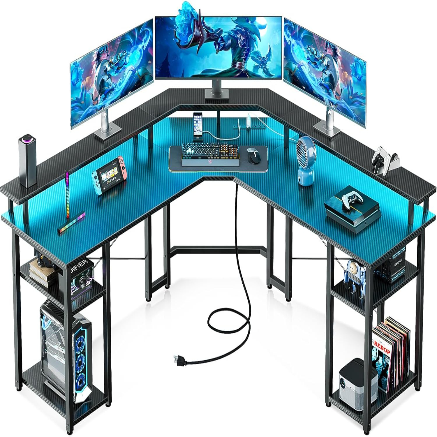 L Shaped Gaming Desk with LED Lights & Power Outlets Reversible 56