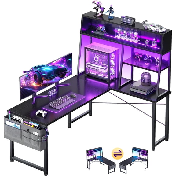 L Shaped Gaming Desk with Led Lights, 51 Inch Reversible Gaming Computer Desk with Display Shelves, PC Gamer Desk Gamer Table with Storage Bag, L Desk for , Black