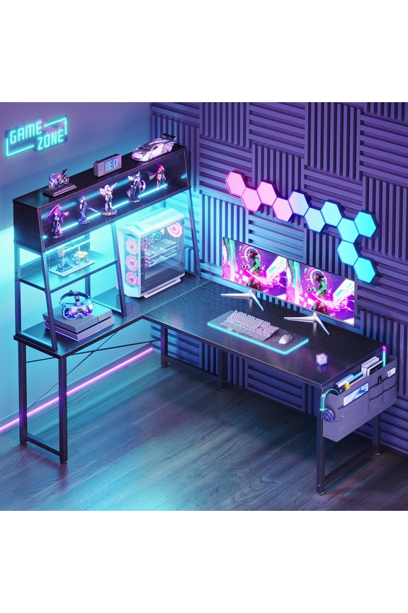 51 Inch L Shaped Gaming Desk with LED Lights & CPU Platform, Reversible Computer Desk with Display Shelves, L Desk with Storage Bag for Game, Black