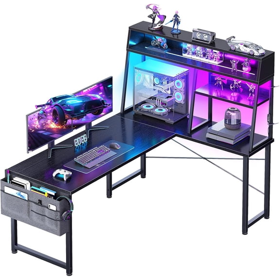 L Shaped Gaming Desk with  Lights, 51 Inch Reversible Gaming Computer Desk with Display Shelves, PC Gamer Desk Gamer Table with Storage Bag, L Desk for , Black