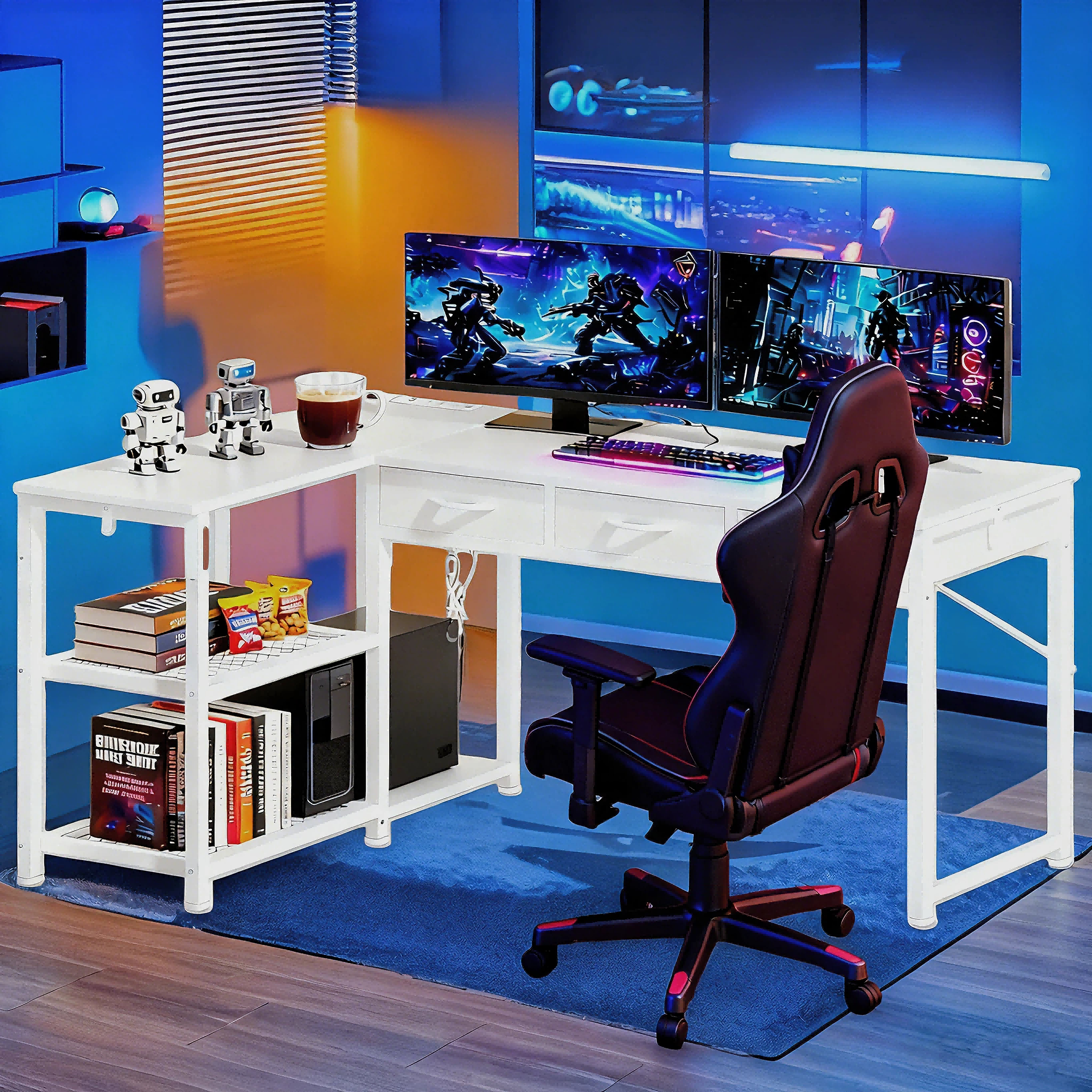Walmart Coupons of L Shaped Gaming Desk, Lofka 53" Reversible Computer Desk with Drawers and 2 Hooks for Office | Home, White