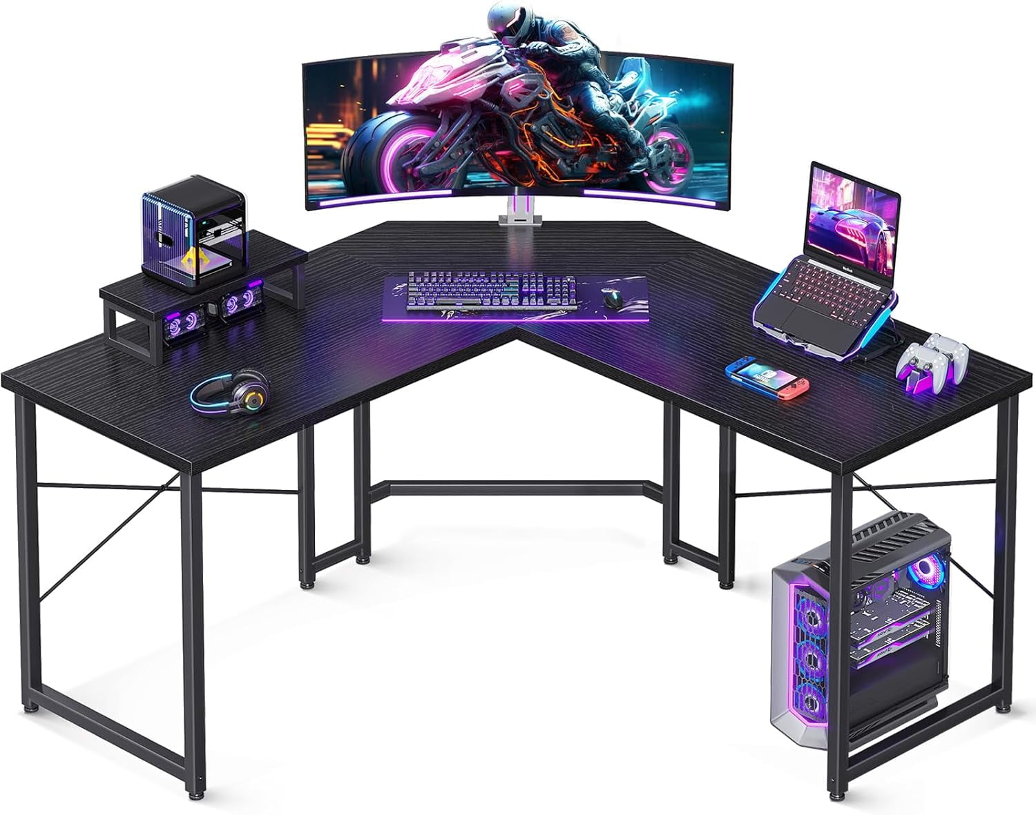 Black Carbon Fiber L-Shaped Gaming Desk with Monitor Stand