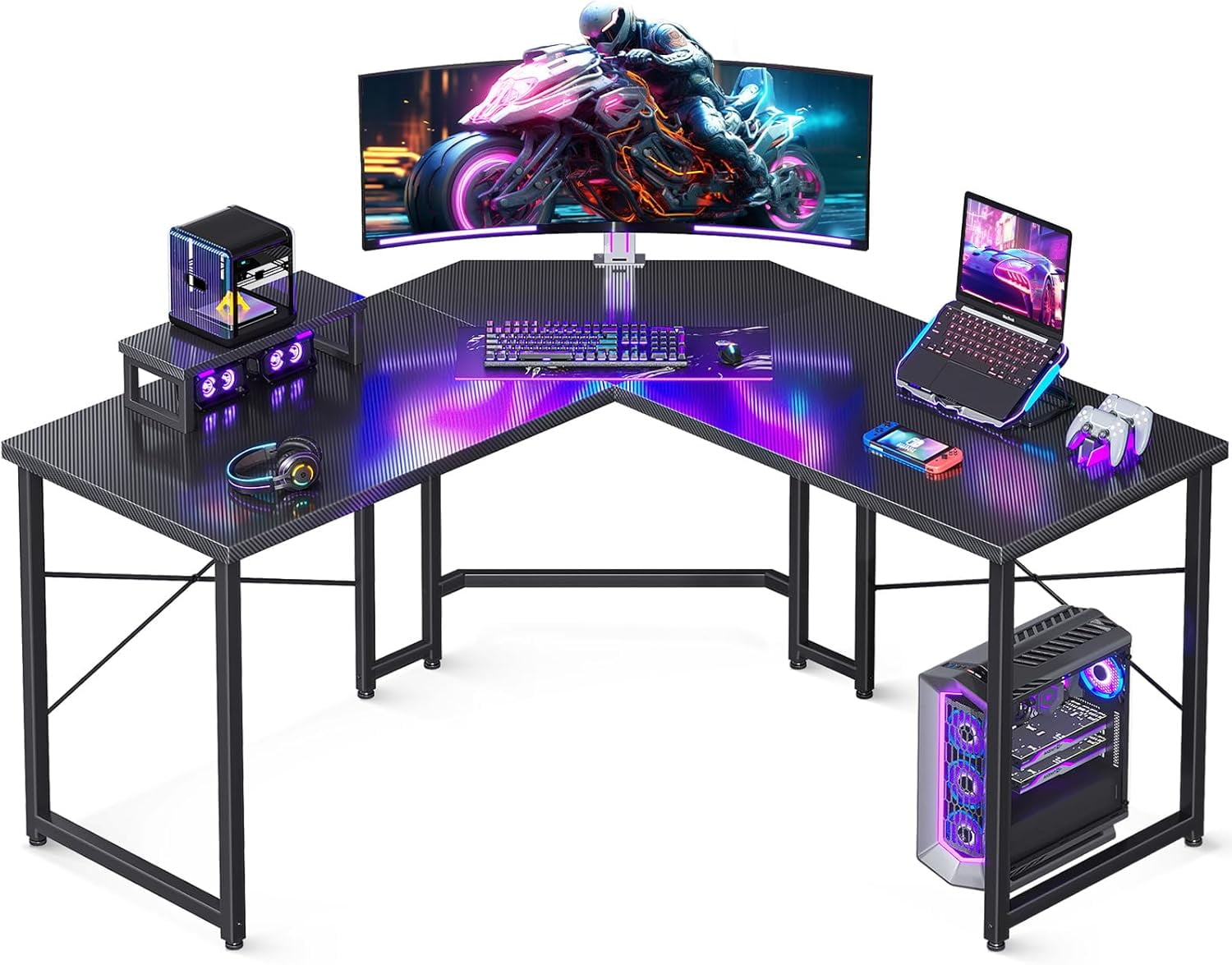 Black Carbon Fiber L-Shaped Gaming Desk with Monitor Stand