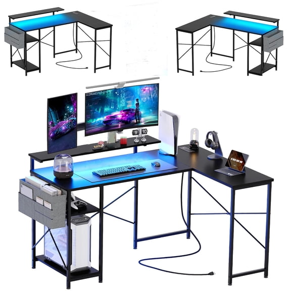 L Shaped Gaming Desk with Power Outlet & LED Strip,54" Home Office Desk with Storage Bag and Monitor Shelf, Reversible Modern Simple Study Table, Corner Desk for Home Office Studio Workstation