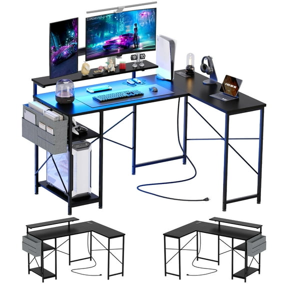 L Shaped Gaming Desk with Power Outlet & LED Strip,54" Home Office Desk with Storage Bag and Monitor Shelf, Reversible Modern Simple Study Table, Corner Desk for Home Office Studio Workstation
