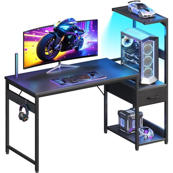 L-Shaped Gaming Desk with RGB Lighting, Carbon Fiber Surface & Multi-Level Shelves Ergonomic Corner Computer Desk with Headphone Hook, Storage Drawer and Cup Holder for Home Office and