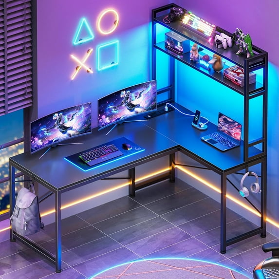 L Shaped Gaming Desk, Reversible 45.3” Small Corner Desk with Power Outlet and LED Lights, Corner Gaming Desk with Storage Shelves, Hooks and Hooks for Small Space, Black