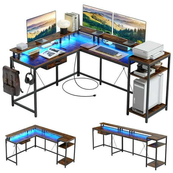 L Shaped Gaming Desk, Reversible Computer Desk with Power Outlet, Gaming Desk with Drawer, Led Lights & Monitor Shelf for Home Office