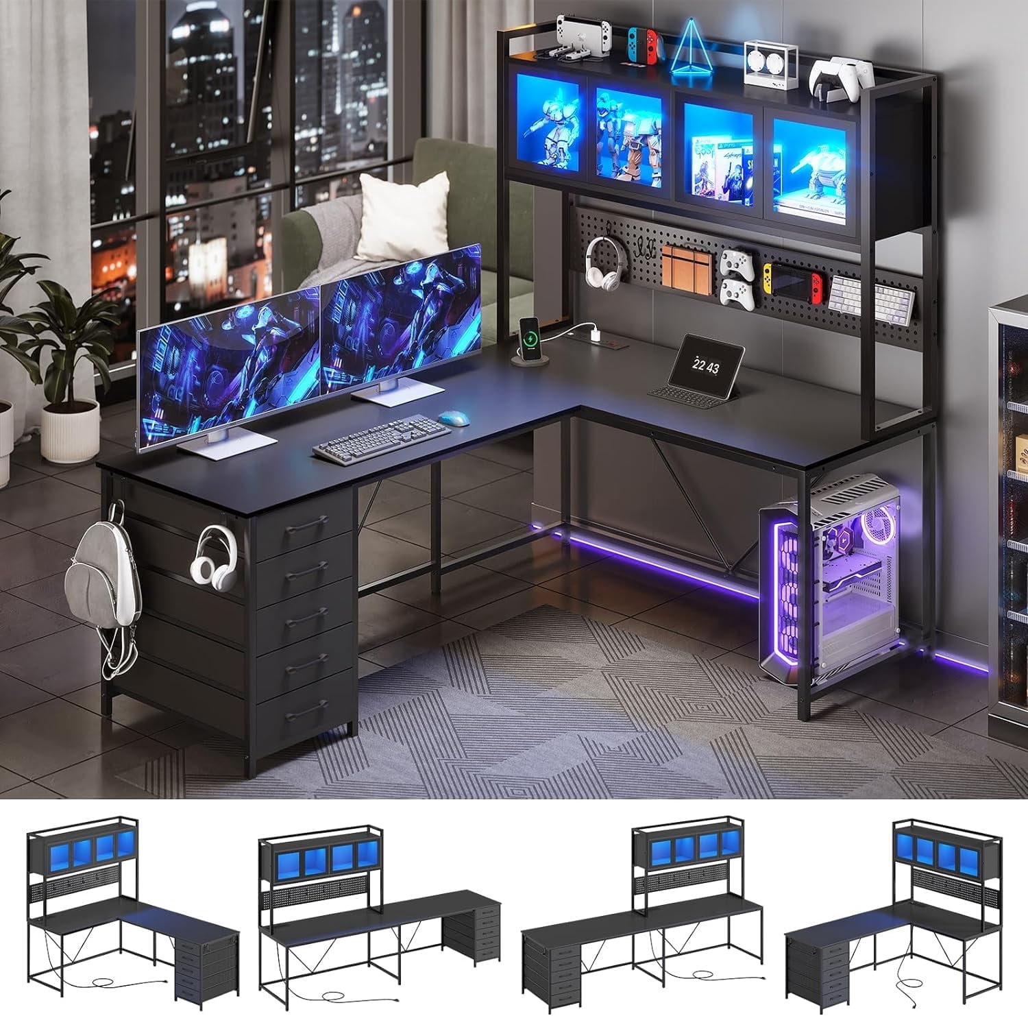 L Shaped Gaming Desk, Reversible L Shaped Desk with Hutch, Drawers and Power Outlet, Gaming Desk with Led Lights, Pegboard and Storage Shelf, Black