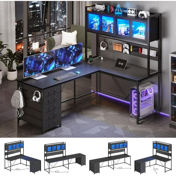 L Shaped Gaming Desk, Reversible L Shaped Desk with Hutch, Drawers and Power Outlet, Gaming Desk with Led Lights, Pegboard and Storage Shelf, Black