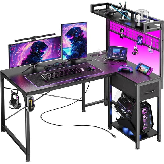 L Shaped Gaming Desk with Shelves, Corner Computer Table with LED Lights, Power Outlets and USB-C Ports, 50 Inch Reversible Home Office Desk with Storage Drawer, for Work and Study