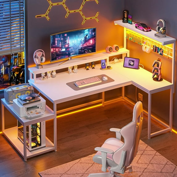 L Shaped Gaming Desk with Shelves & Hooks,63.5" Reversible Corner Gaming Table with LED Lights & Power Outlets,Computer Desk with Storage & Monitor Stand & Print Stand for Home Office,White