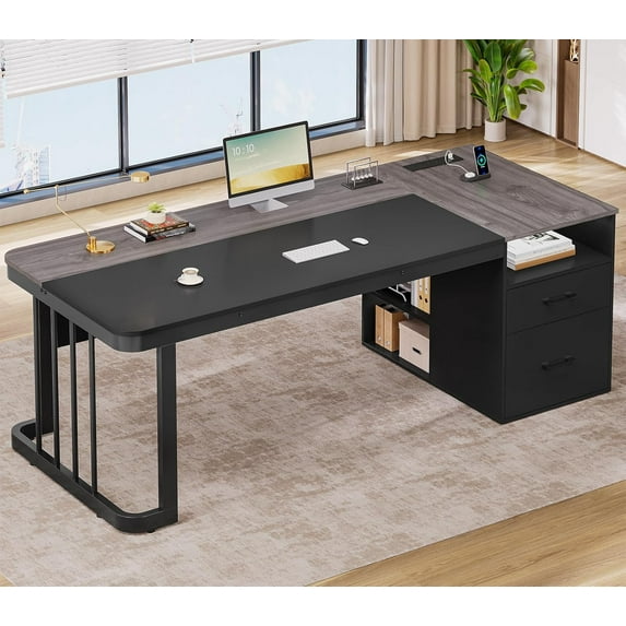 70.9" Executive Desk with Power Outlet, Large Office Desk with Drawers & Lateral File Cabinet, Modern Long Computer Desk with Adjustable Storage Shelves, Workstation Business Furniture (Grey)