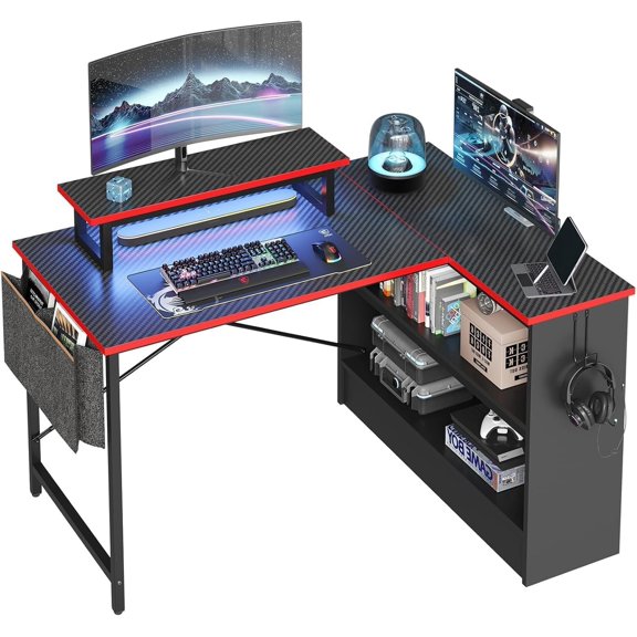 L Shaped Gaming Desk with Storage Shelves, 42 Inch Reversible Corner Computer Desk with LED Lights, PC Gaming Table with Side Storage Bag &  Stand for Bedroom