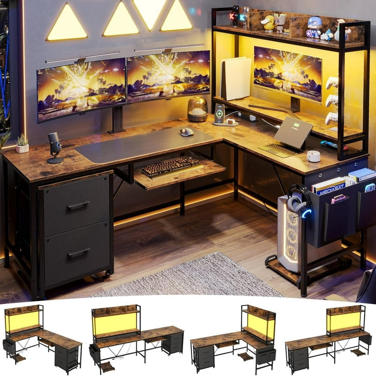 L Shaped Gaming Desk with Storage Shelves and Drawers, Reversible Corner  Computer Table with File Cabinet,Power Outlet,LED Light,Keyboard  Tray,Monitor