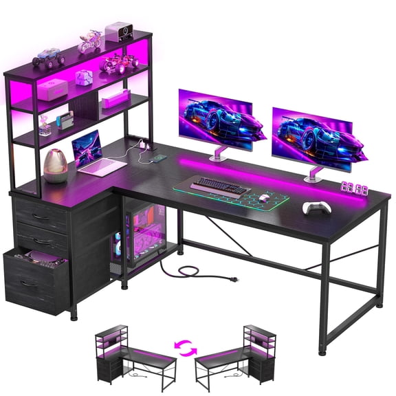 L-Shaped Gaming Desk With Hutch, 3 Drawers, LED Lighting, Black