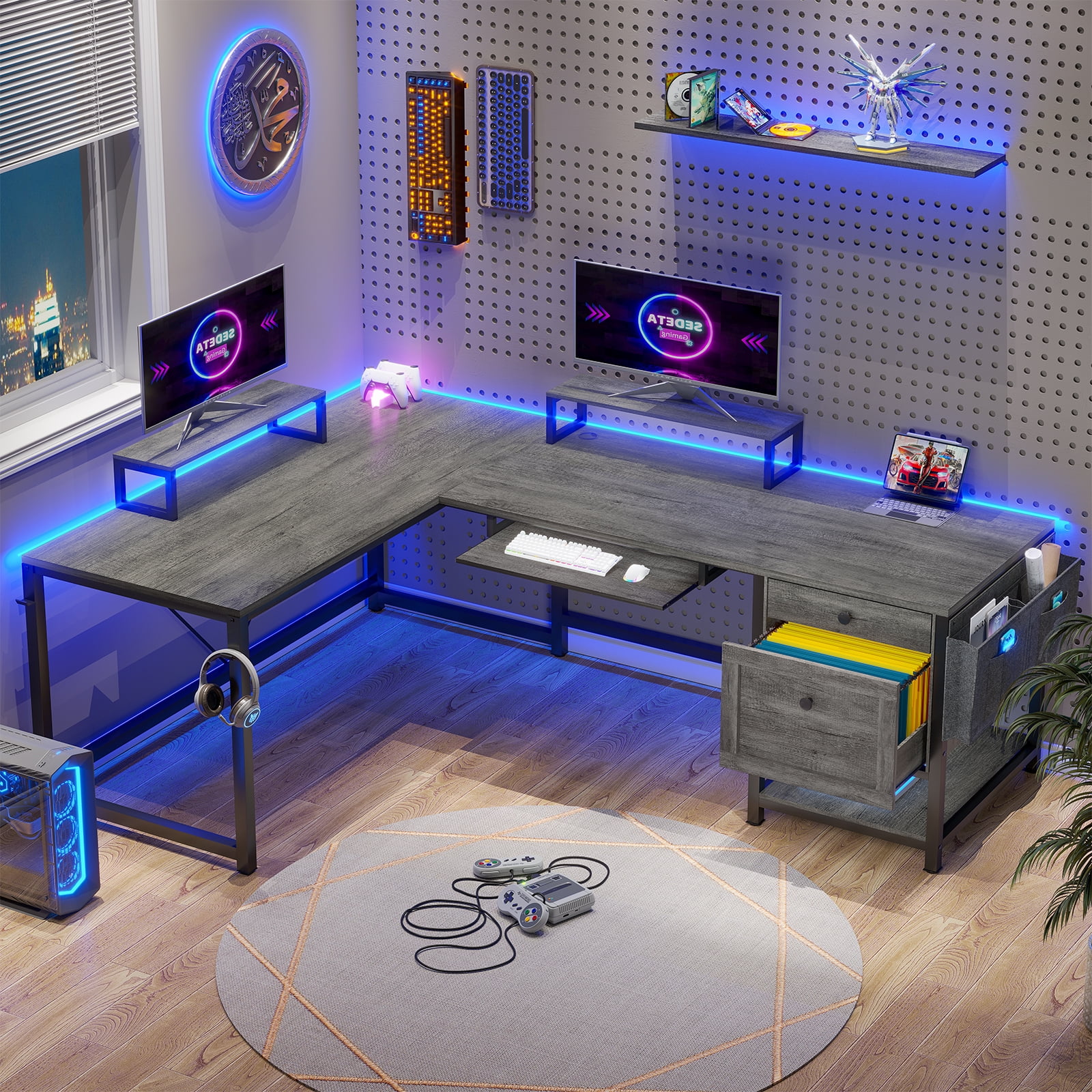 L Shaped Gaming Desk with led lights,Convertible L Office Desk to Long