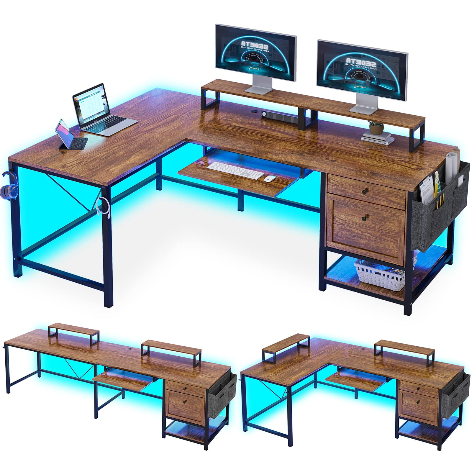 78.7 L Shaped Gaming Desk Corner Computer Desk w/ File Drawer & Power  Outlets