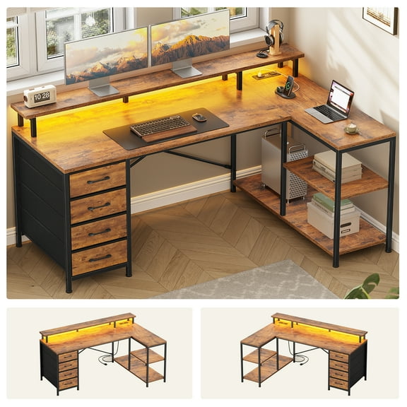 L Shaped Gaming Desk with 4 Drawers and Storage Shelves, LED Corner Desk Home Office Desk, Brown