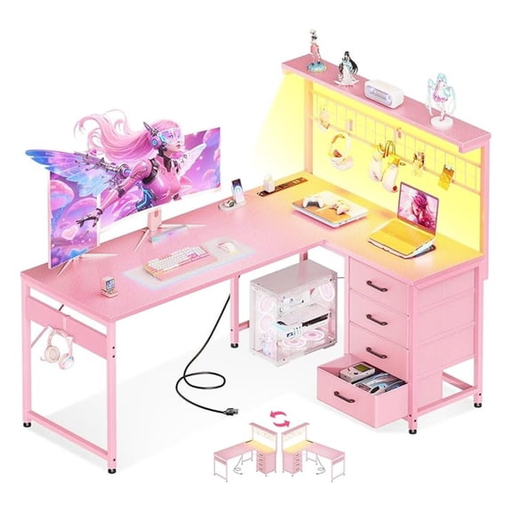 L Shaped Gaming Desk with LED Light and Power Outlets Pink 51 Inch