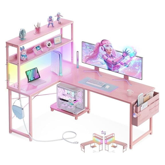 L-Shaped Gaming Desk with LED Lighting and Power Outlets Pink 53 Inch