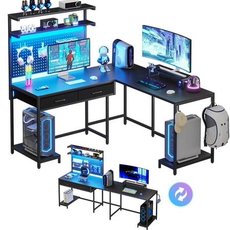 L Shaped Gaming Desk with LED Lights, Computer Desk with 2 Drawers, Black