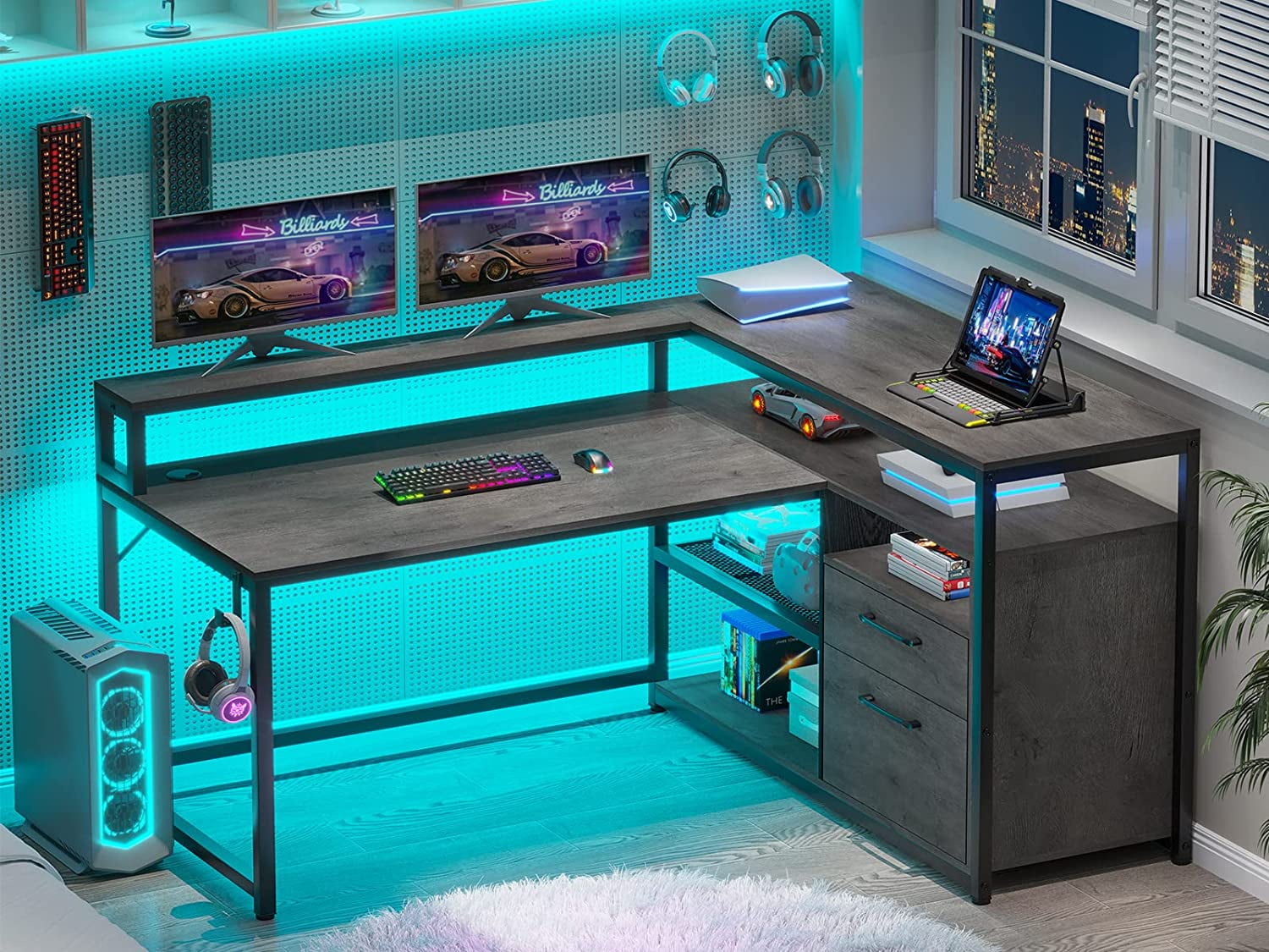 Gray L Shaped Gaming Desk with LED Lights : LDT5454GLD