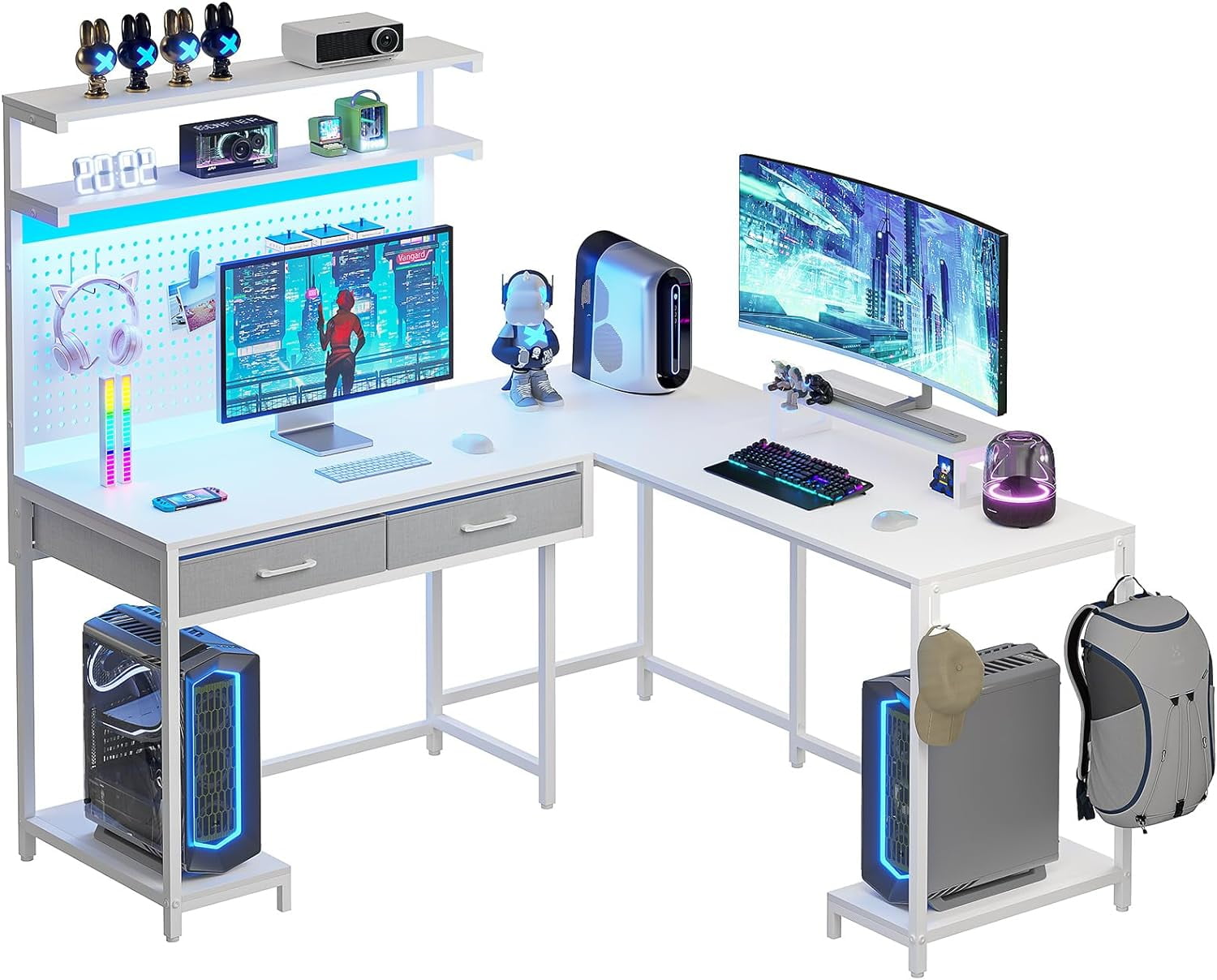 Kicode Multipurpose LShaped Gaming Desk, LED Lights, Drawers, Storage
