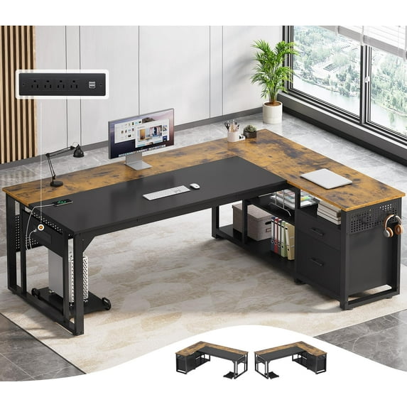 71" Executive Desk with Power Outlets, Modern L Shaped Office Desk with File Drawers and Pegboard, Large Computer Desk, Rustic Brown