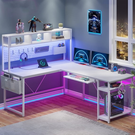 L Shaped Gaming Desk with Led Lights, Reversible Computer Desk with Keyboard Tray, Pegboard and Storage Bagand, Home Office Desk