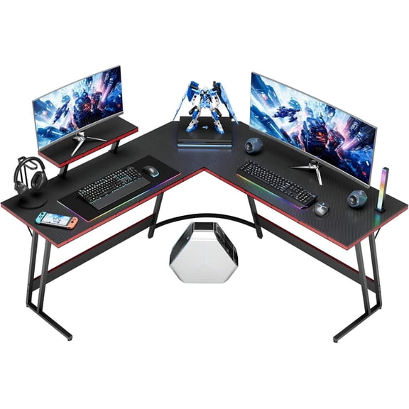 L Shaped Gaming Desk with Monitor Riser Stand for Home Office, Sturdy Writing Workstation (Black, 51 Inch)