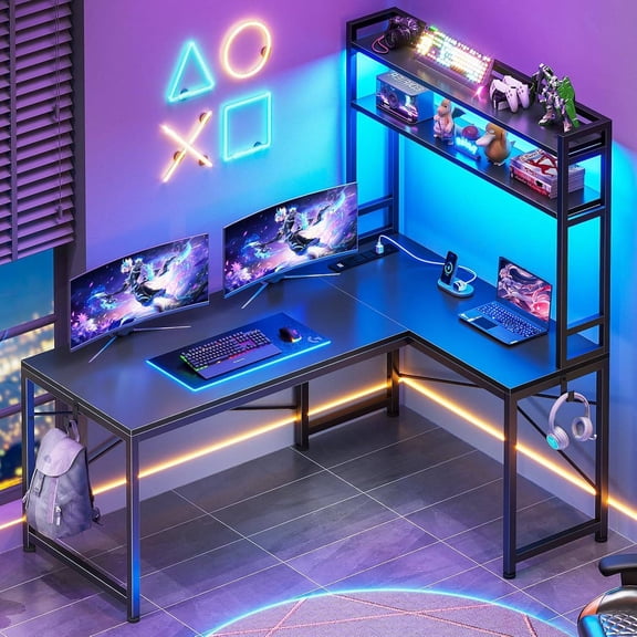 L-Shaped Gaming Desk with Power Outlet, RGB Lights & Storage Shelves, Corner Desk for Small Spaces, White