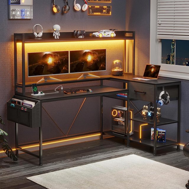 L Shaped Gaming Desk with Power Strip & LED Lights, Corner Computer