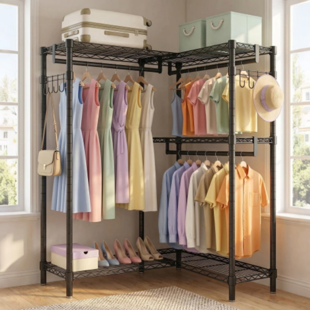 L-Shaped Garment Rack for Corner, Heavy Duty Clothes Rack with 5 Adjustable Shelves, 3 Hanging Rods & Side Hooks, Freestanding Clothing Organizer, Black