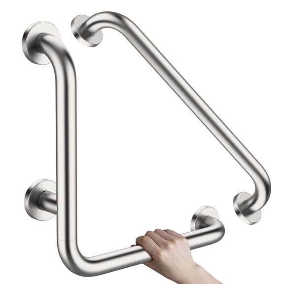 L-Shaped Angled Shower Grab Bar w/ Straight Bathroom Safety Handrail 16 Inch, ZUEXT Brushed Nickel Handicap Grab Bar Wall Mounted, Toilet Bathtub Balance Support Bar for Elderly Seniors Injury