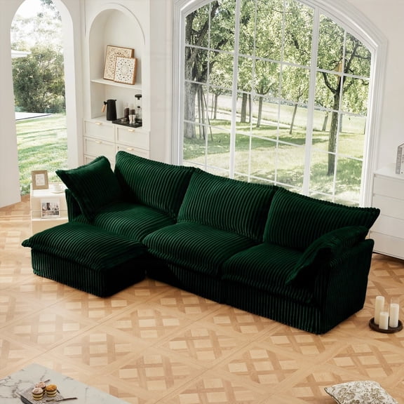 Modern L-Shaped Slipcovered Sectional Sofa in Green Corduroy with 2 Big Pillows and Convertible Ottoman (220×80×75cm)
