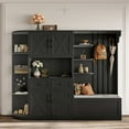 thumbnail image 1 of L-Shaped Hall Tree with Storage and 4 Hooks, Multifunctional 2-in-1 Mudroom Storage Organizer with Bench, Center Storage Open Cabinets for Living Room, Kitchen and Hallway, Black, 1 of 9