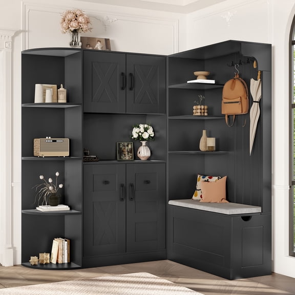 L-Shaped Hall Tree Storage Cabinet, 2-in-1 Entryway Hall Cabinet with 5 Cabinets, 8 Shelves & 4 Hooks, Modular Hallway Organizer for Living Room Kitchen Entryway, Black
